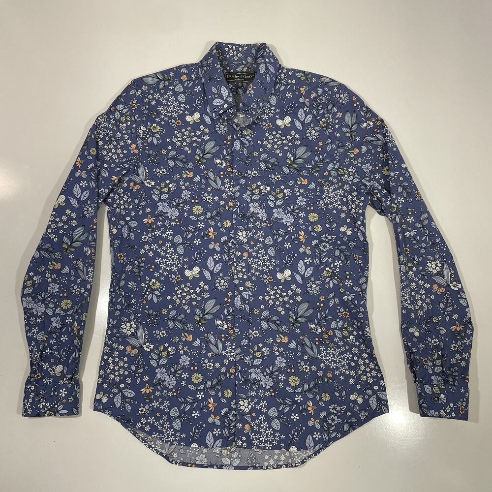 Paisley & Gray Mens Slim Fit Floral Button Down Shirt Blue M 16 Long Sleeve